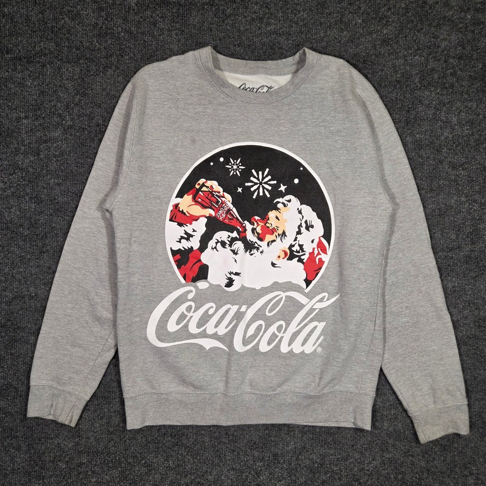 Coca-Cola Christmas Santa Sweatshirt Mens Medium Gray Holiday Graphic Crewneck